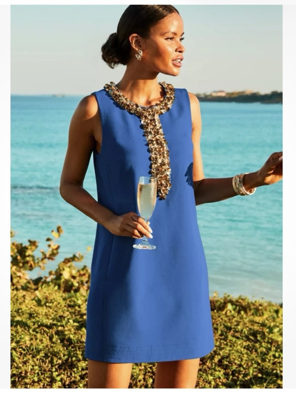 Lilly Pulitzer 🔥 EDITA Embellished Shift Dress in Barton Blue with Gold Accents